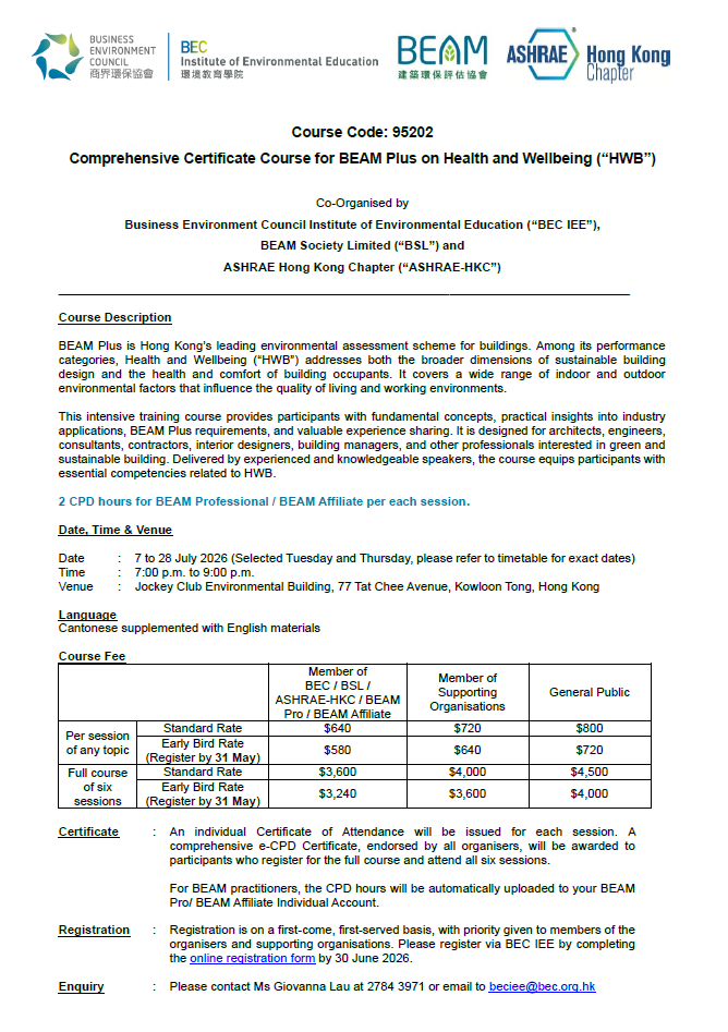 Comprehensive Certificate Course for BEAM Plus on Health and Wellbeing (HWB)