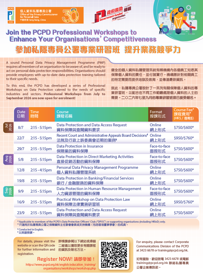 PCPD's Professional Workshops on Data Protection (Jul- Sep 2026)